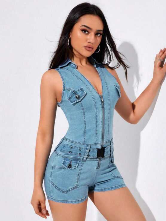 Zip Up High Waist Denim Belted Romper - Image 3