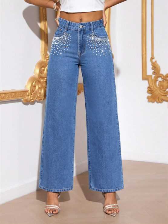BAE Solid Rhinestone Detail Wide Leg Jeans - Image 3