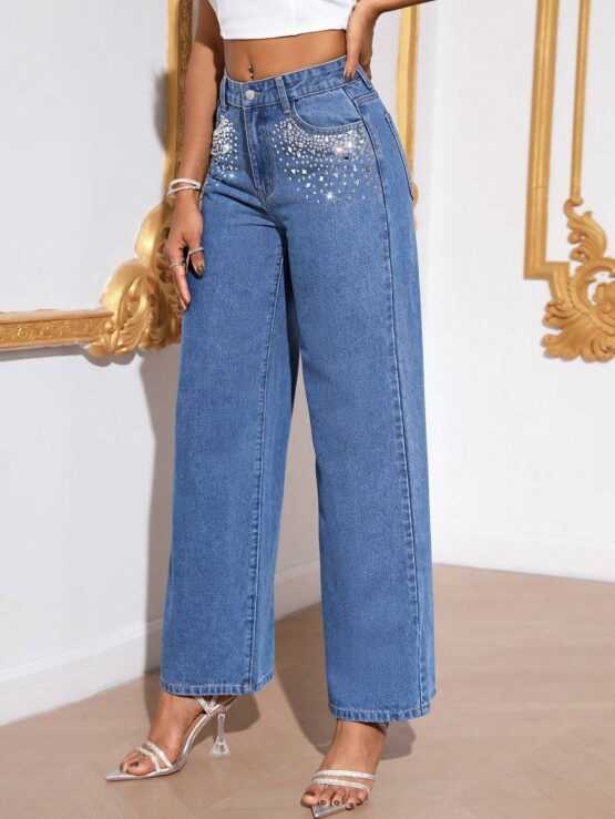 BAE Solid Rhinestone Detail Wide Leg Jeans - Image 2