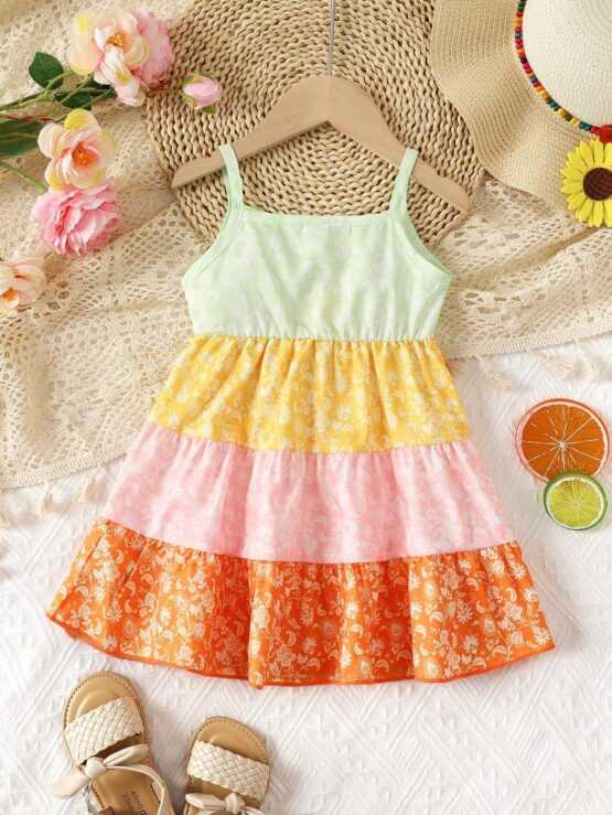 Baby Girl Floral Print Color Block Ruffle Hem Cami Dress - Image 3