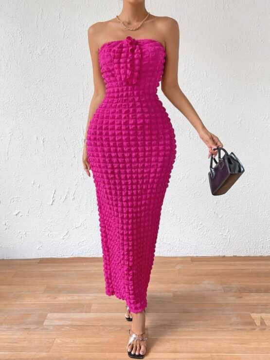 Solid Tie Front Strapless Tube Bodycon Dress - Image 3