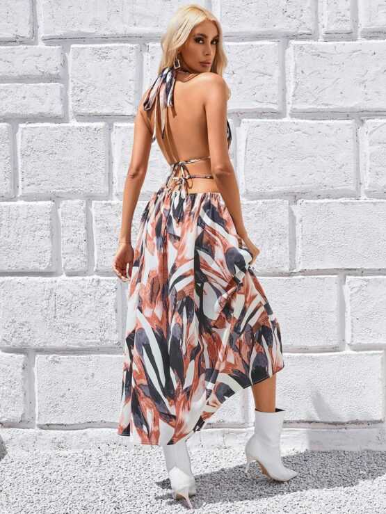 All Over Print Tie Halter Backless Dress Without Belt - Image 2