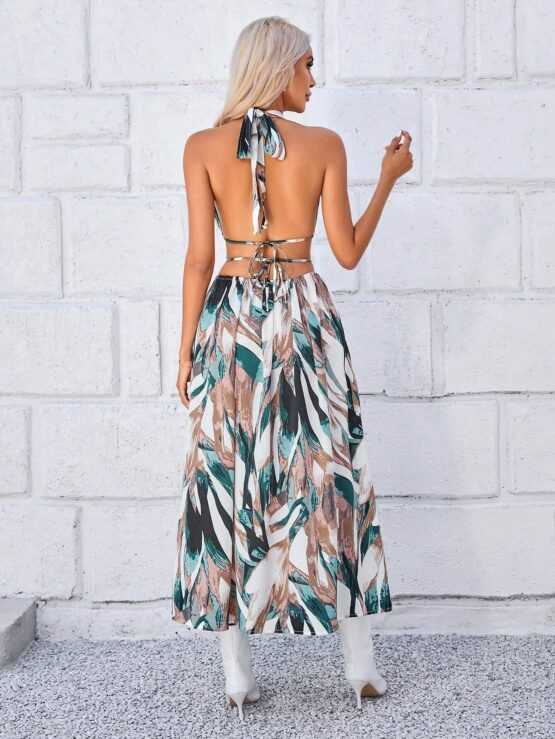 All Over Print Tie Halter Backless Dress Without Belt - Image 4