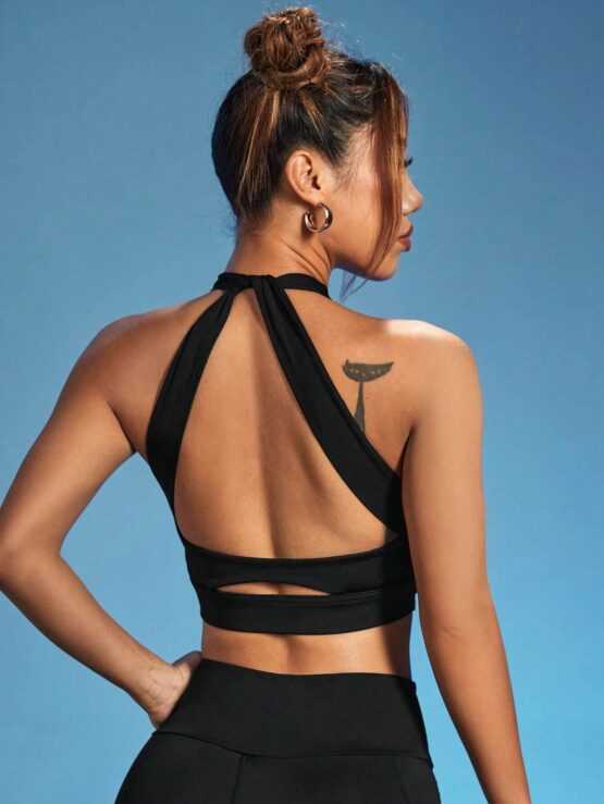 Criss Cross Tie Front Halter Neck Backless Sports Bra - Image 2