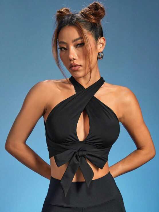 Criss Cross Tie Front Halter Neck Backless Sports Bra - Image 3