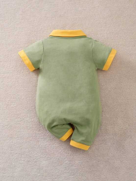 Yierying Baby Boy Rainbow Letter Contrast Trim Patched Pocket Shirt Graphic Romper - Image 2