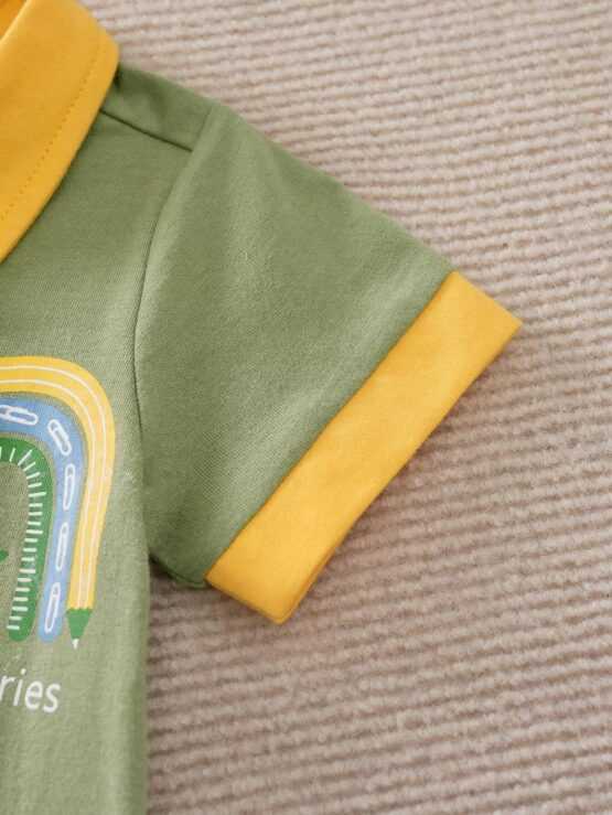 Yierying Baby Boy Rainbow Letter Contrast Trim Patched Pocket Shirt Graphic Romper - Image 3