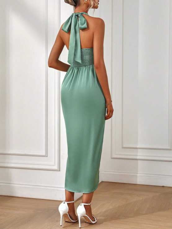 Clasi Twist Front Wrap Hem Halter Satin Dress - Image 3