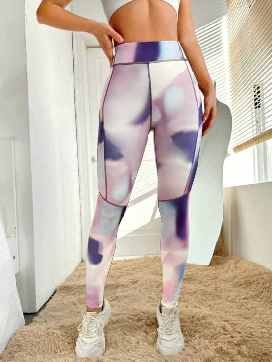 Tie Dye Top-stitching Wideband Waist Sports Leggings - Image 3