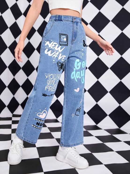 Tween Girl Cartoon Letter Graphic Straight Leg Jeans - Image 3