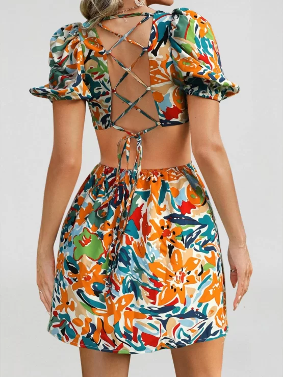 Floral Print Lace Up Back Puff Sleeve Square Neck Dress