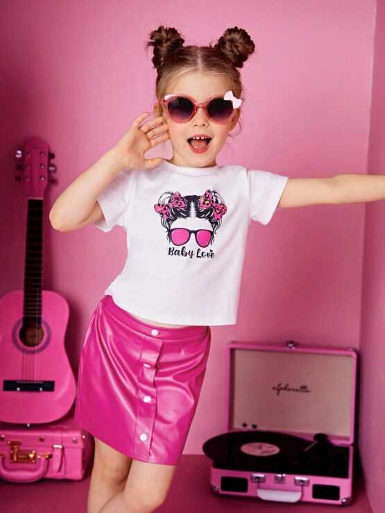 Young Girl Figure Graphic Tee & PU Leather Skirt