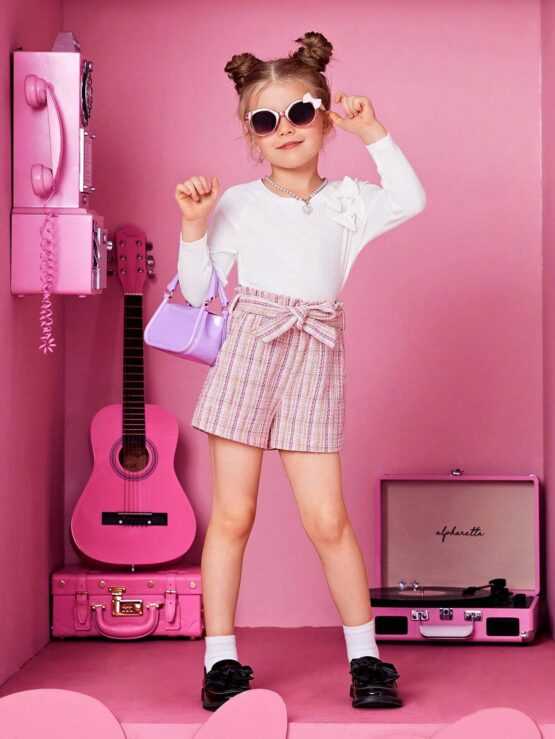 Young Girl Bow Front Tee & Plaid Belted Shorts