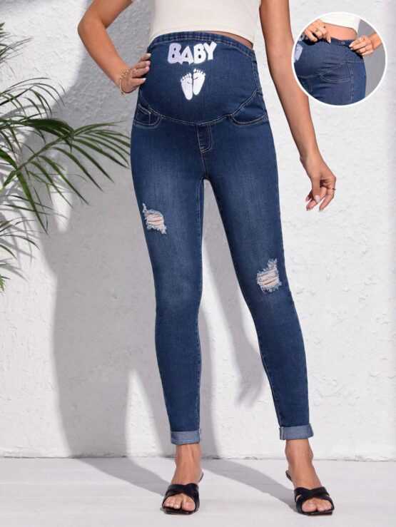 Maternity Letter Graphic Ripped Skinny Leg Jeans
