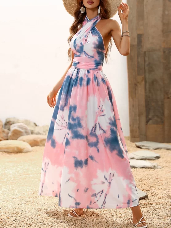 VCAY Tie Dye Shirred Halter Backless Dress