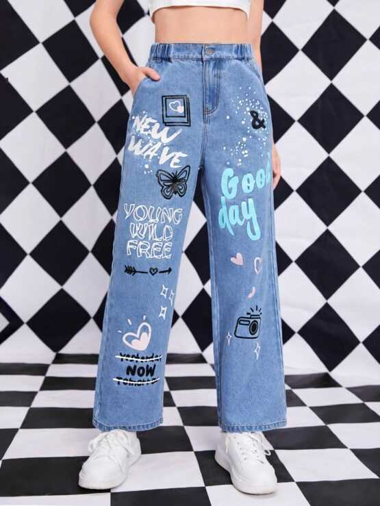 Tween Girl Cartoon Letter Graphic Straight Leg Jeans