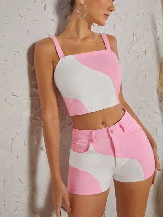 Two Tone Crop Denim Cami Top & Denim Shorts