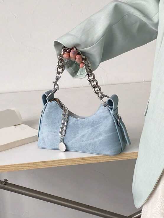 Fashionable Personalized Metal Chain Decoration Denim Fabric Design One Shoulder Bag