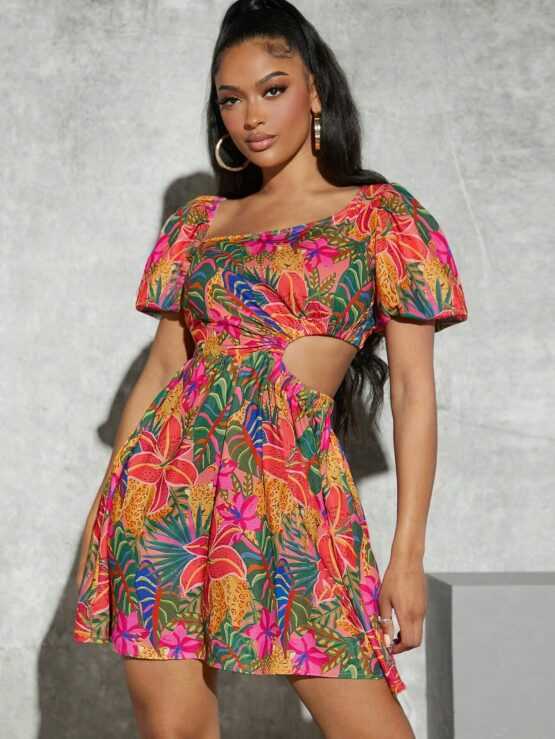 Tropical Print Cut Out Waist Puff Sleeve Dress