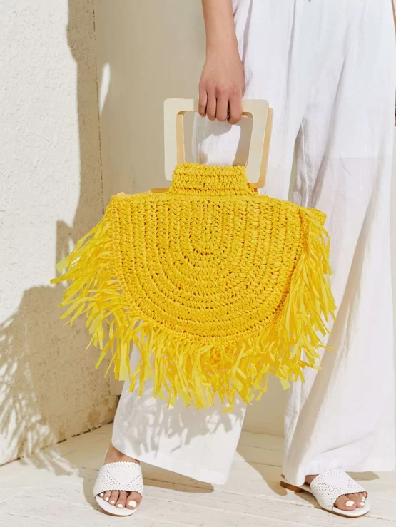 Fringe Trim Straw Tote Double Handle Bag