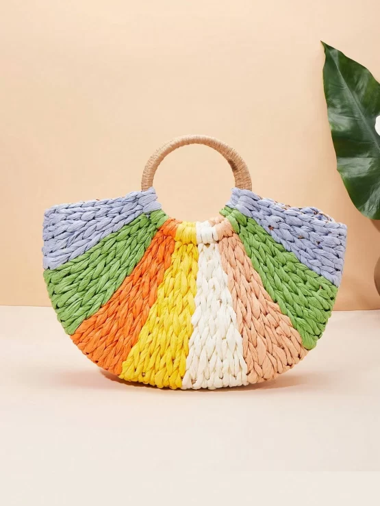 Color Block Vacation Straw Double Handle Bag