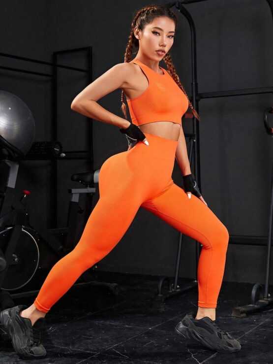 Solid Bra & Wide Waistband Leggings Sports Sets