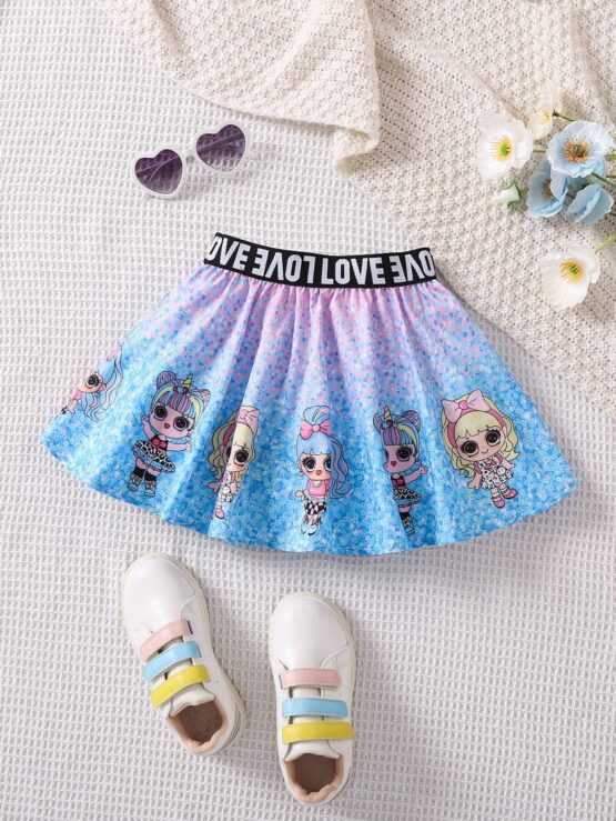 Young Girl Cartoon Letter Graphic Tape Waistband Detail Skirt
