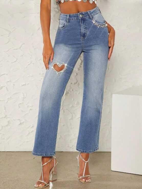 High Waist Cut Out Ripped Straight Leg Jeans