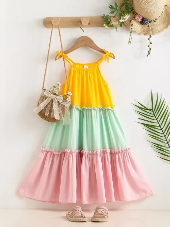 Toddler Girls Color Block Bow Shoulder Ruffle Hem Cami Dress