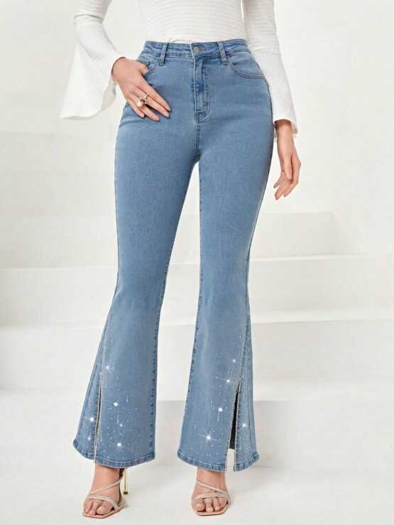 Mulvari Rhinestone Detail Split Hem Flare Leg Jeans