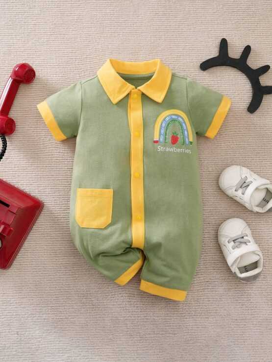 Yierying Baby Boy Rainbow Letter Contrast Trim Patched Pocket Shirt Graphic Romper