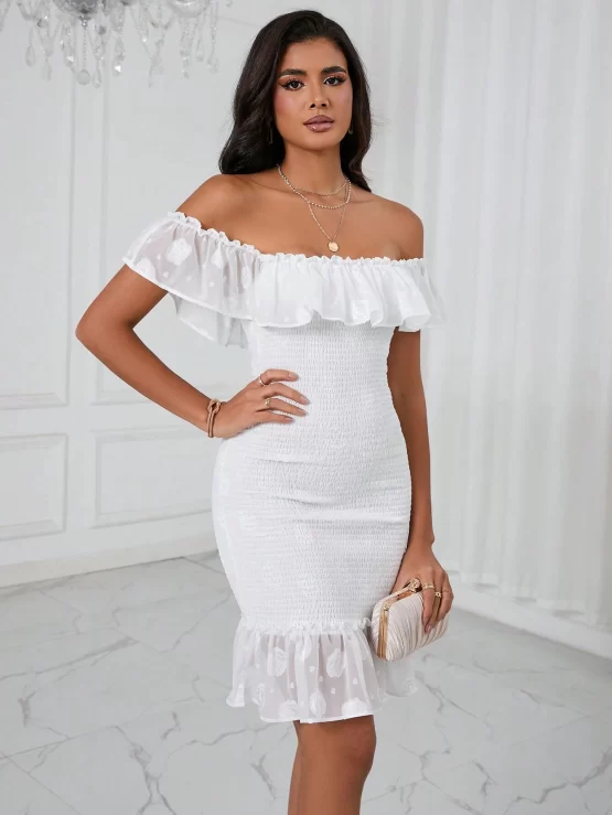 Off Shoulder Ruffle Trim Bodycon Dress