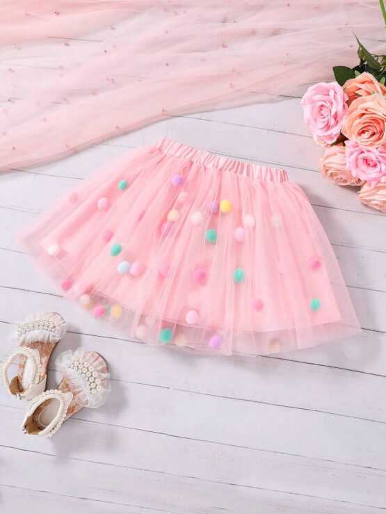 Young Girl Pom Pom Mesh Overlay Detail Skirt