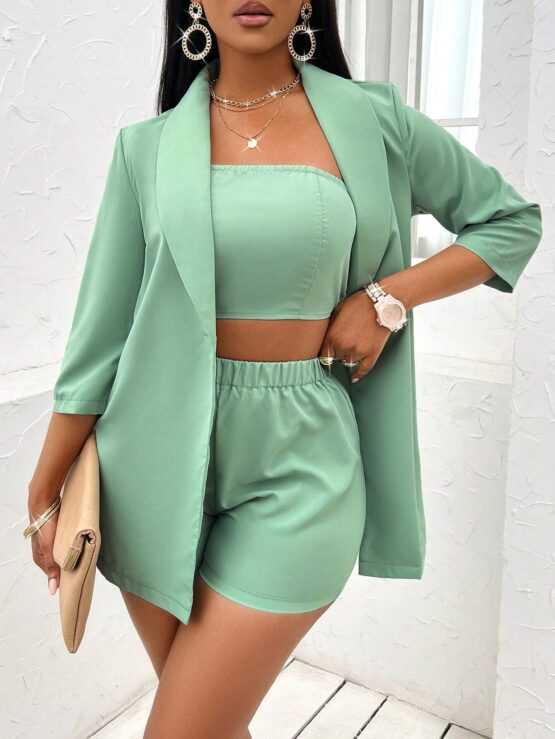 Slayr Solid Tube Top & Shorts & Open Front Blazer