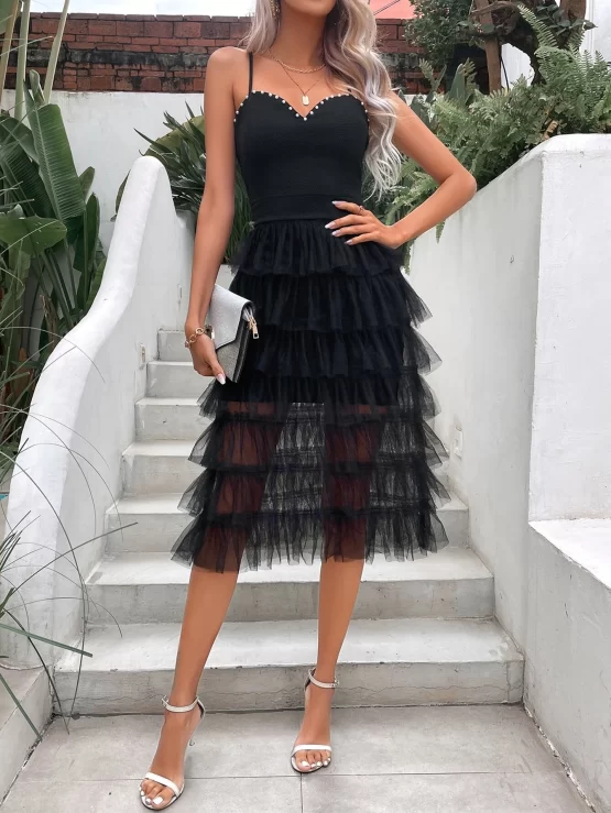 Contrast Mesh Tiered Layer Hem Cami Dress