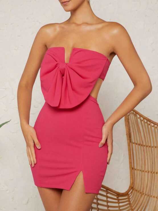 Big Bow Front Split Hem Tube Bodycon Dress