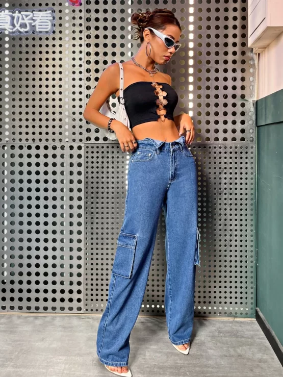 Flap Zipper Fly Button Cargo Pocket Jeans