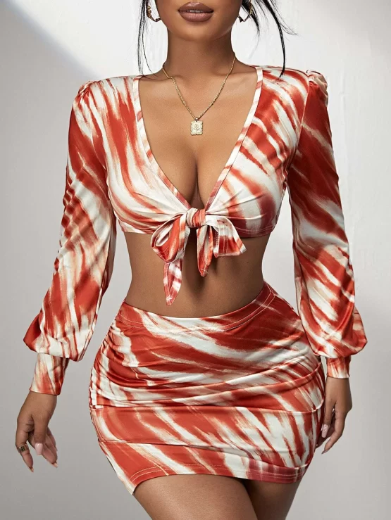 Tie Dye Knot Front Top & Split Hem Skirt