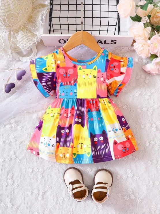 Baby A Line Ruffle Cartoon Graphic Trim Dress