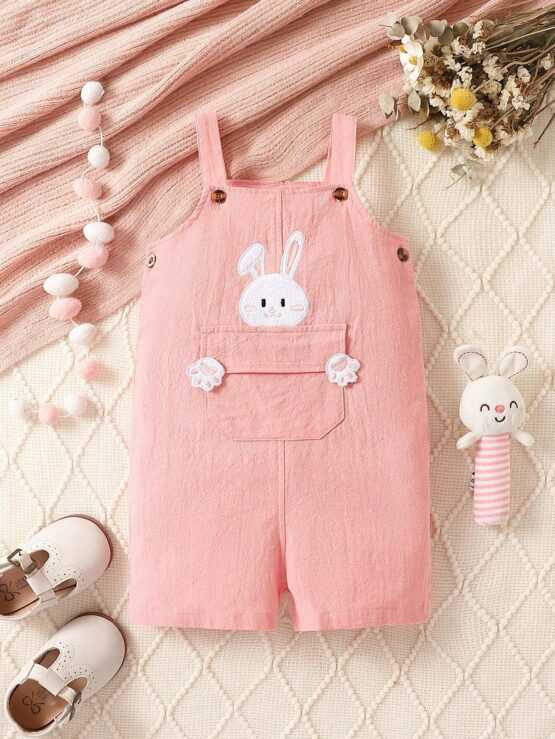Baby Girl Rabbit Embroidery Flap Pocket Overall Romper