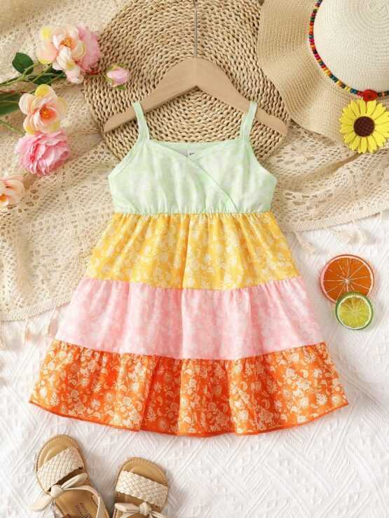 Baby Girl Floral Print Color Block Ruffle Hem Cami Dress