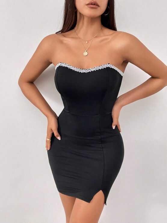 Rhinestone Trim Split Hem Tube Bodycon Dress