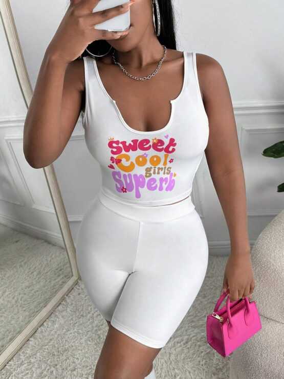 Letter Graphic Notched Neck Tank Top & Biker Shorts