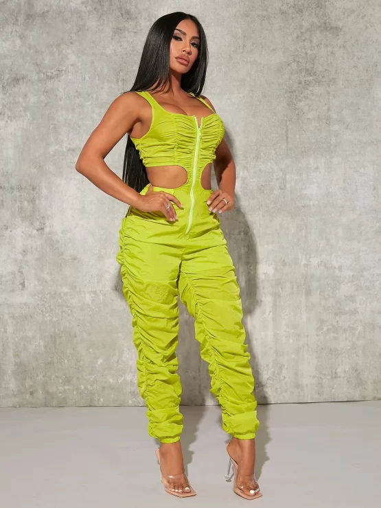 Zip Sexy Cut Out Waist Ruched Front Jumpsuit