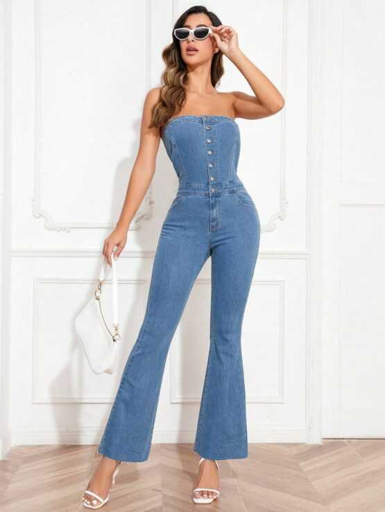 Button Front Flare Leg Tube Denim Jumpsuit