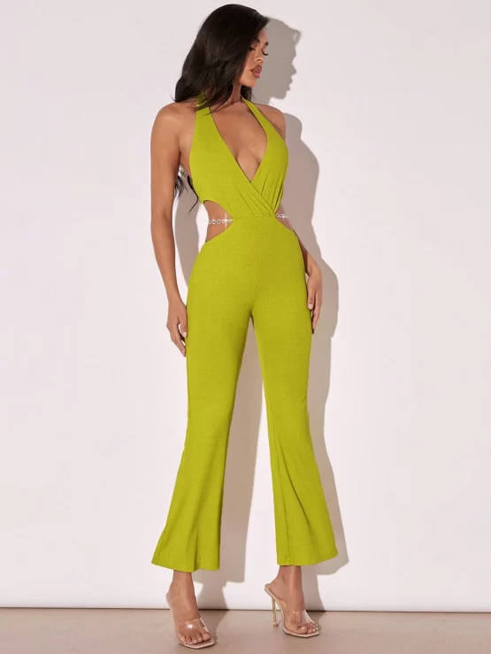 BAE Plunging Neck Backless Halter Flare Leg Jumpsuit