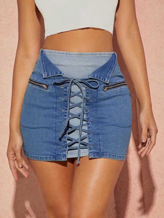 Lace Up Zipper Grommet Eyelet Front Denim Skirt