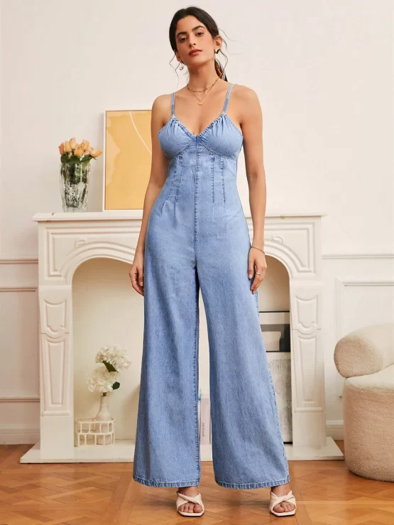 Tied Backless Wide Leg Denim Jumpsuit