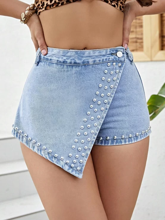 Studded Button Detail Wrap Denim Skort