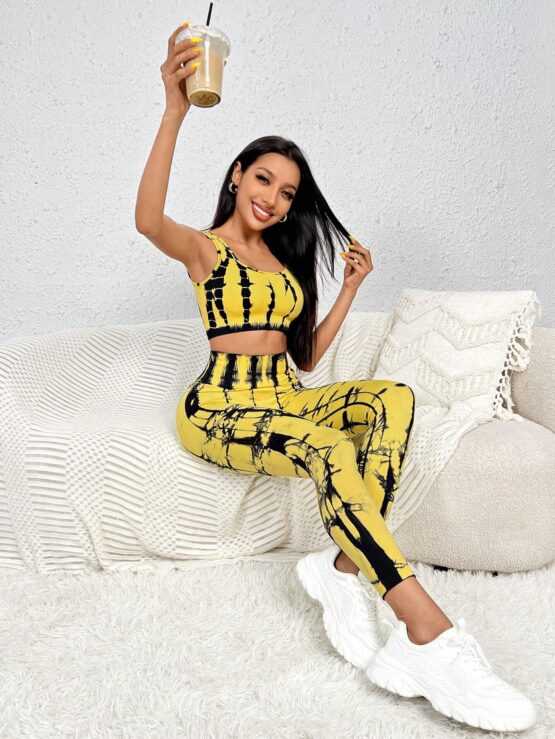 Seamless Sexy Yellow Leggings Tie Dye Sports Set